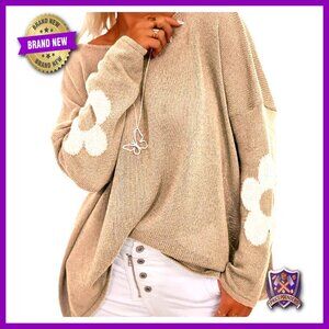 Plus Size Oversized Floral Sweater Pullover Long Sleeve Fall Knit Top